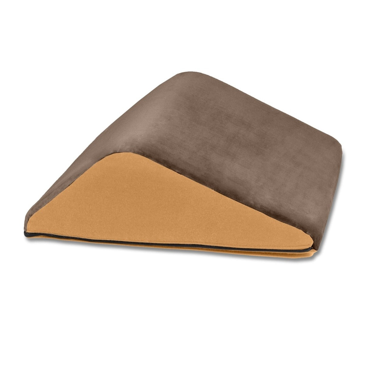 Brown and beige wedge-shaped knee pillow on a white background