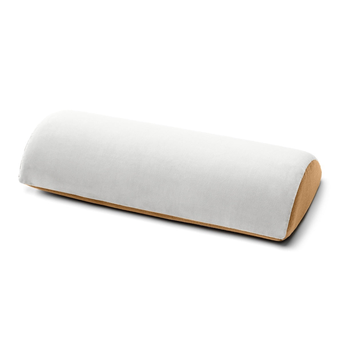 White cylindrical pillow with brown edges on a white background