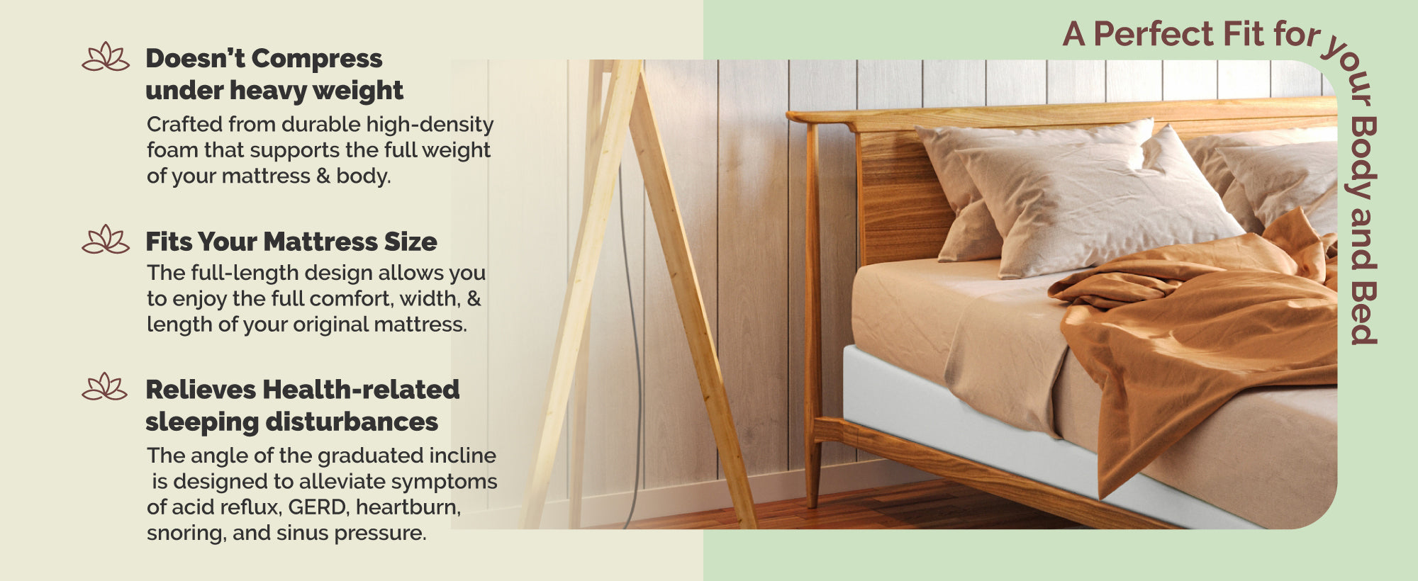 Bed with wooden frame and beige bedding, featuring text about mattress support and comfort.