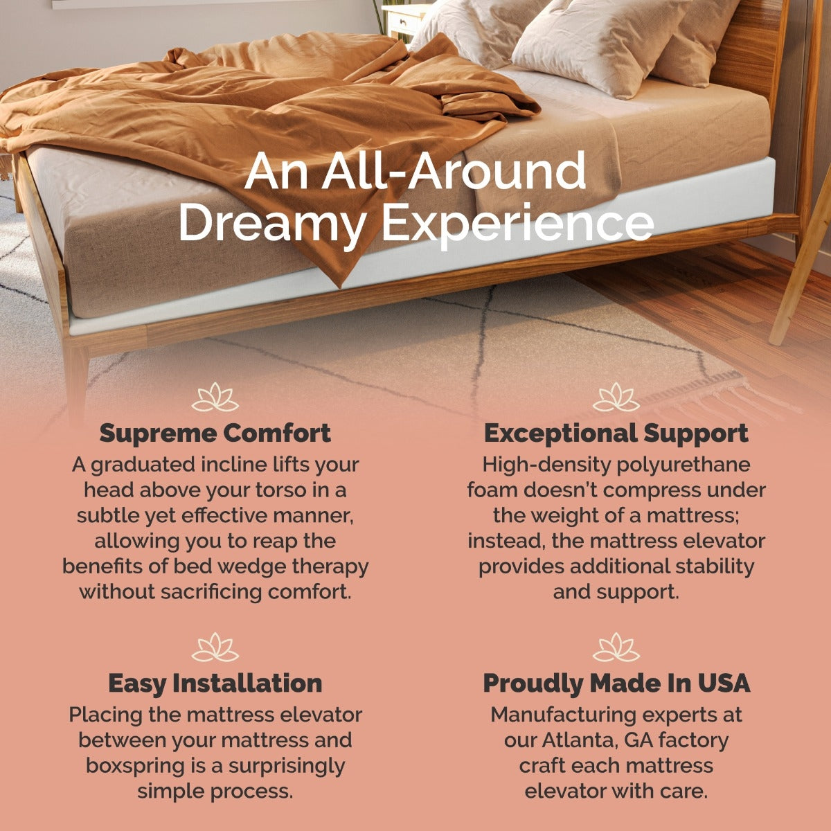 Bed with mattress elevator and promotional text about comfort, support, installation, and manufacturing.