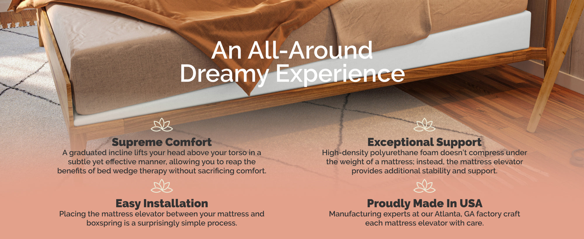 Mattress elevator with text highlighting features and benefits on a wooden floor.