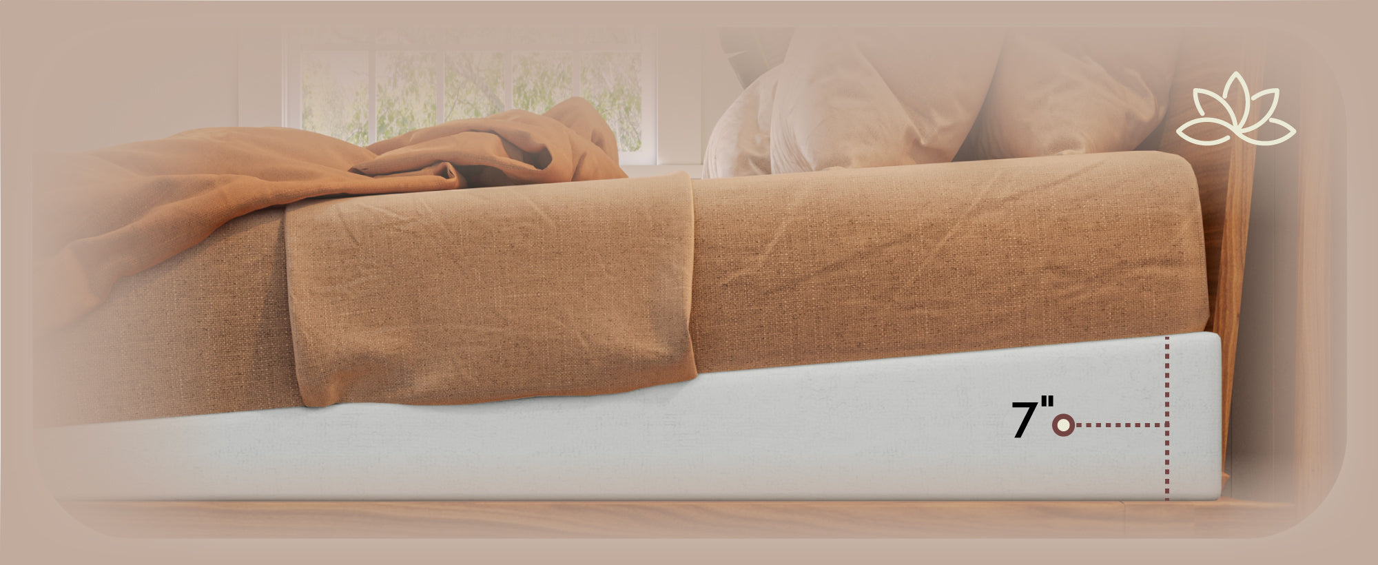 Bed with brown bedding and white mattress, featuring a 7-inch thickness measurement.
