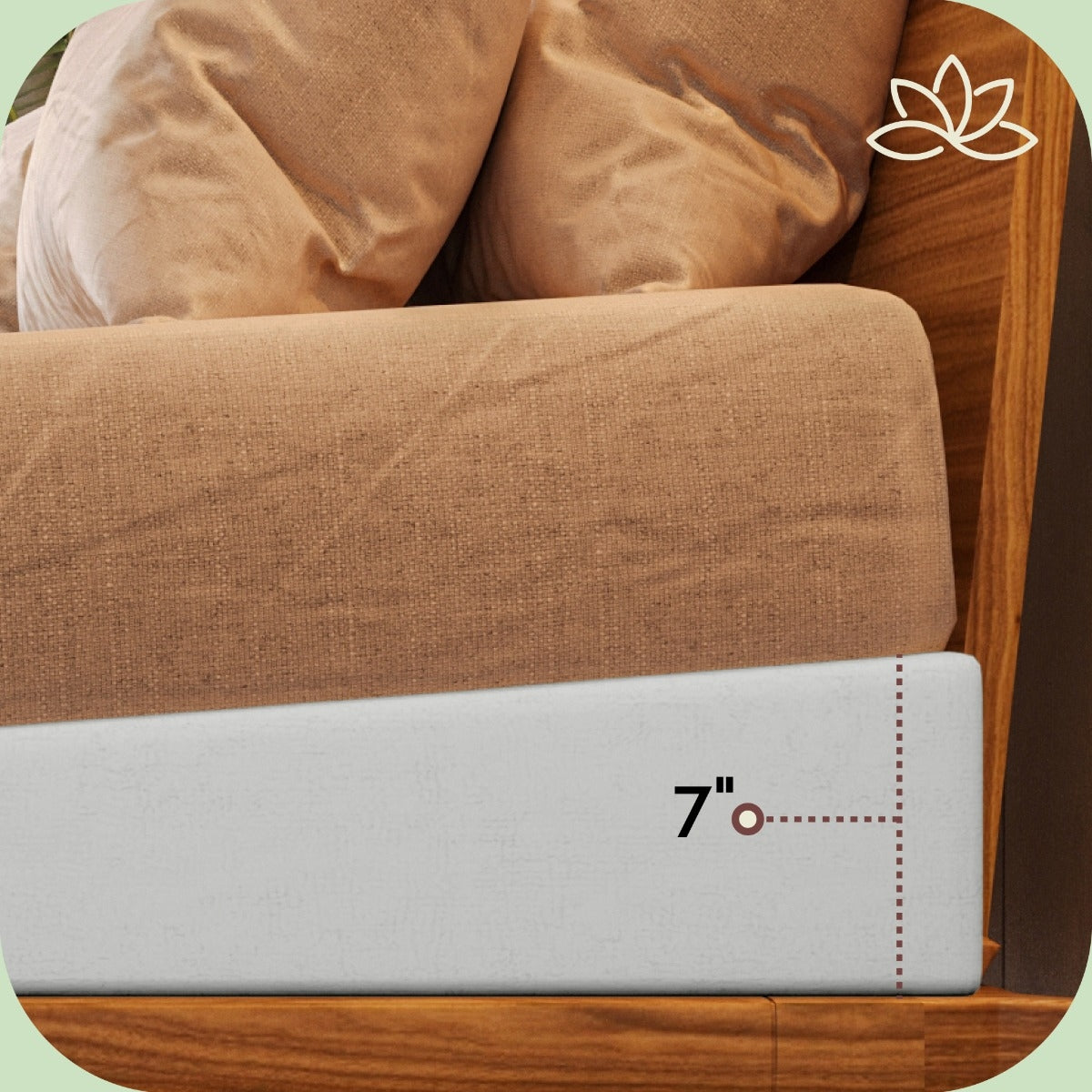 Close-up of a bed with a wooden frame and brown mattress, showing a 7-inch measurement.