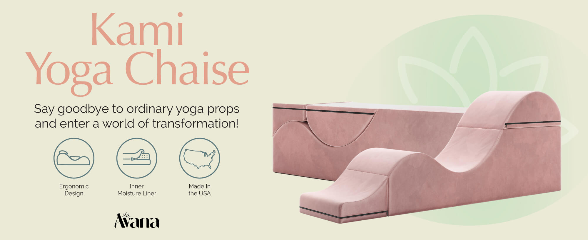 Pink yoga chaise with 'Kami Yoga Chaise' branding on a light background