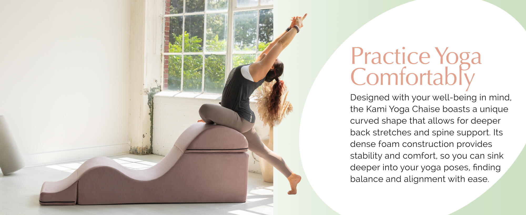 Woman practicing yoga on a pink yoga bolster with text about comfort and design.