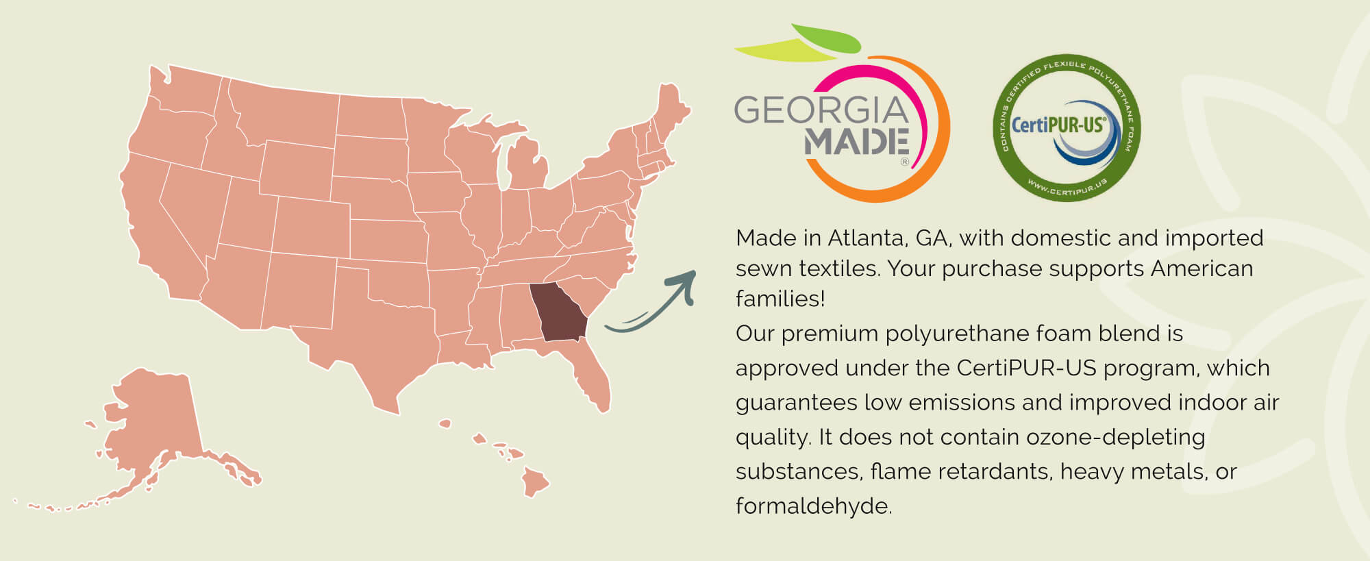 Map of the United States with a focus on Georgia, featuring 'Georgia Made' branding and CertiPUR-US certification.