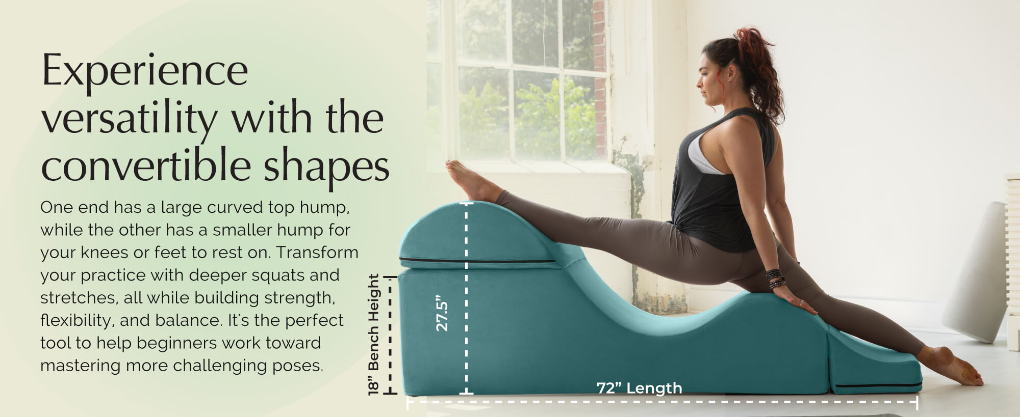 Woman using a blue exercise device for stretching with text about versatility and convertible shapes.