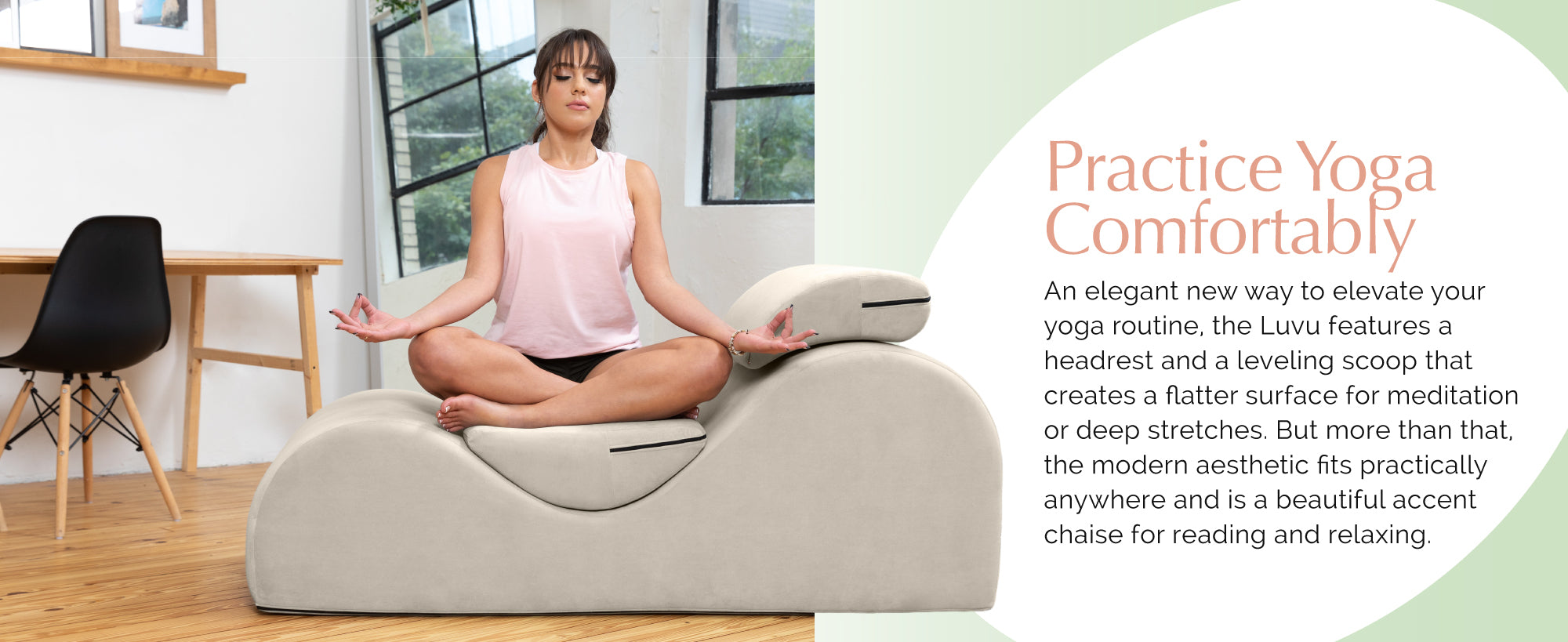 Woman practicing yoga on a Luvu yoga chair in a modern room.