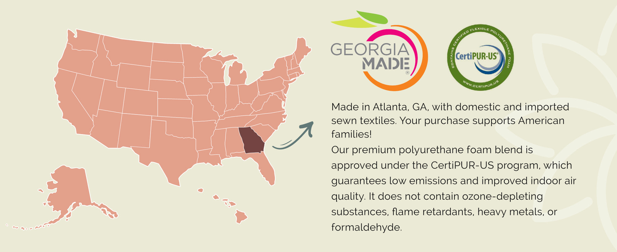 Map of the United States with a focus on Georgia, featuring Georgia Made branding and CertiPUR-US certification.