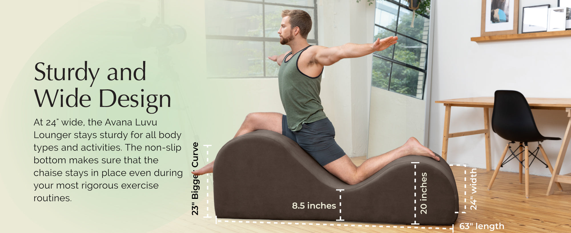 Man using a brown Avana Luvu Lounger in a home setting with text highlighting its features.