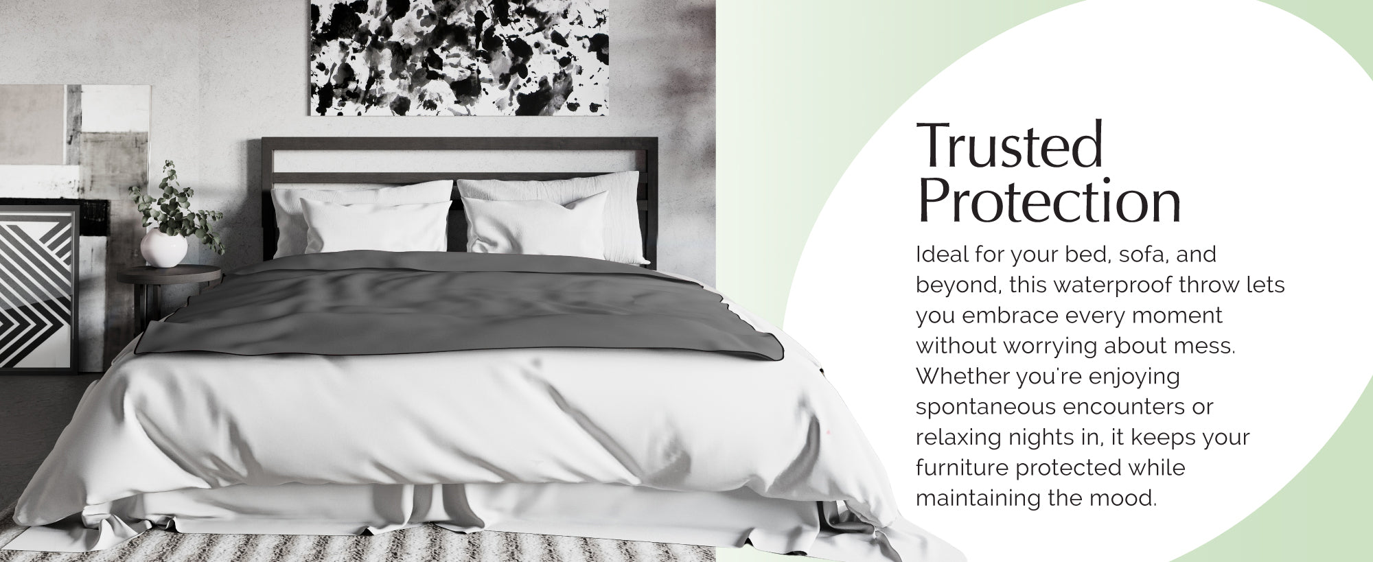 Bed with waterproof throw, nightstands, and decorative elements in a bedroom setting.