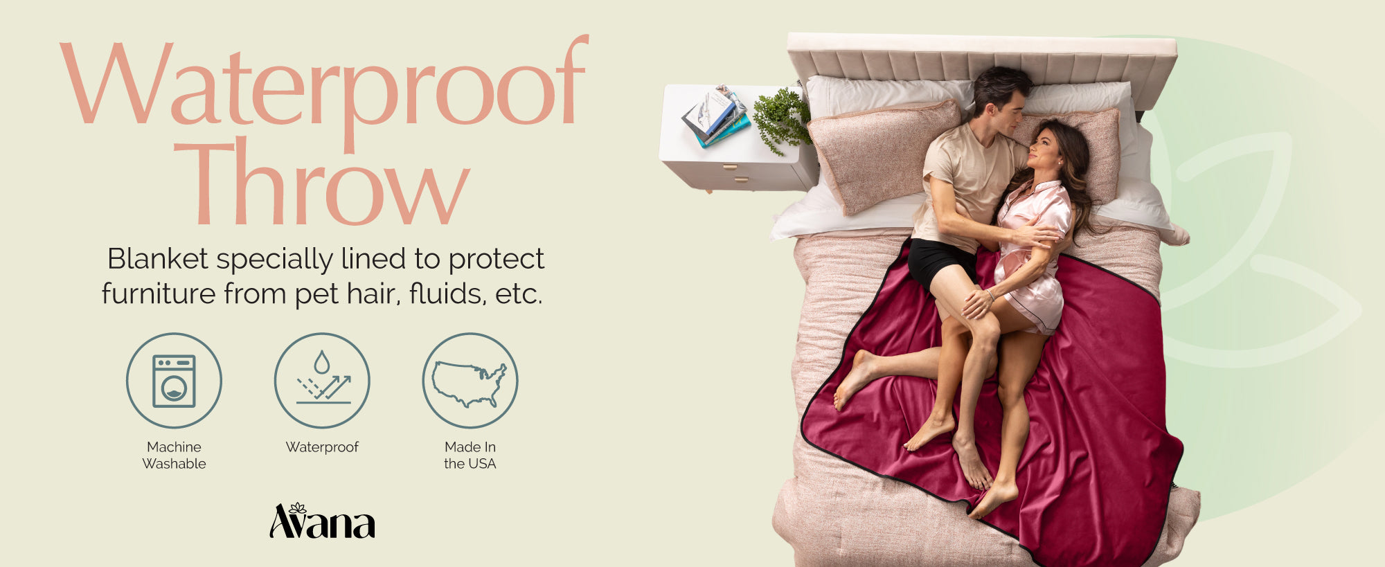 Couple under a waterproof throw blanket on a bed with product features listed.