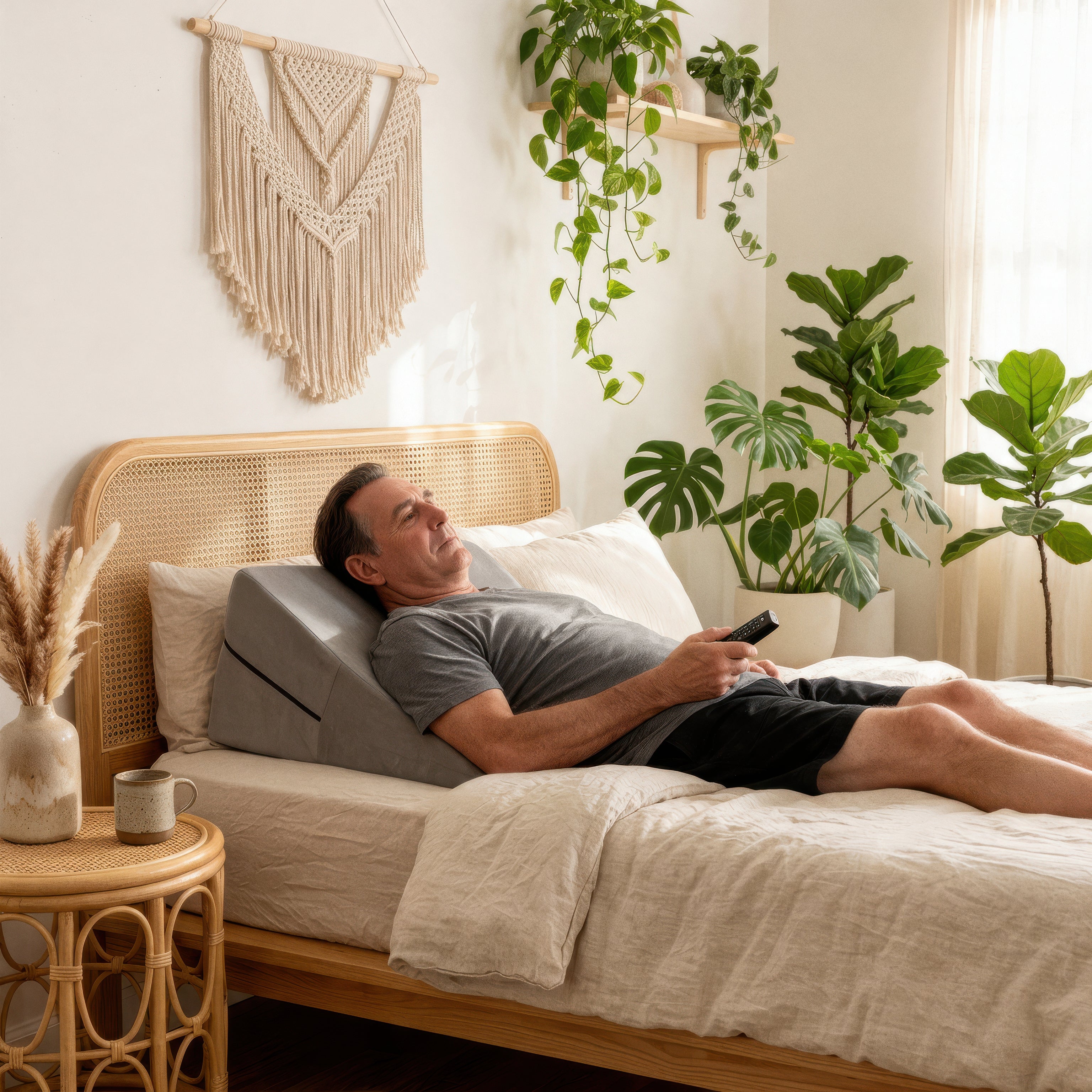 Man reclining in bed with his back and head supported by the Align Wedge and Ramp set