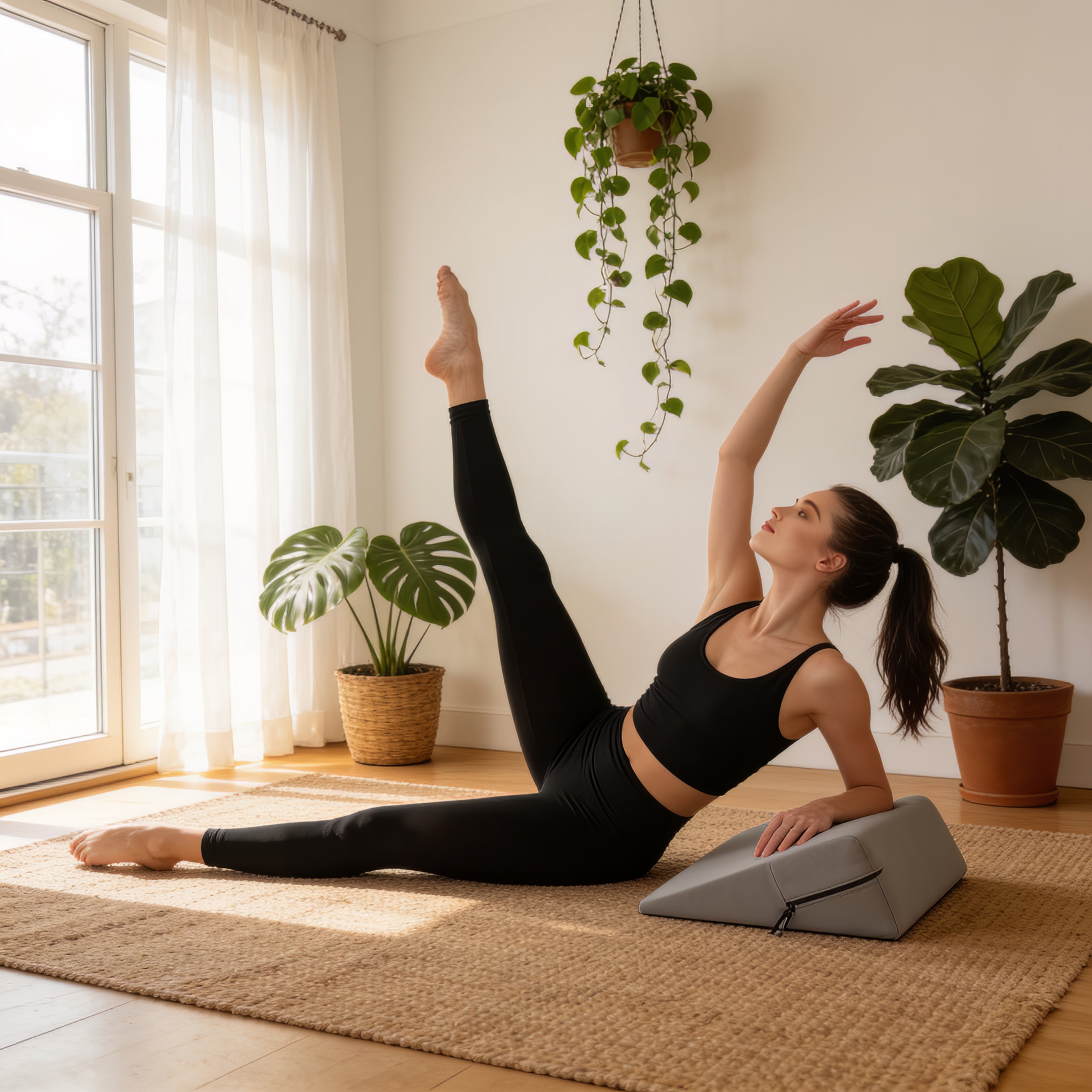Woman practicing yoga with a wedge on a wooden floor in a bright room with plants.