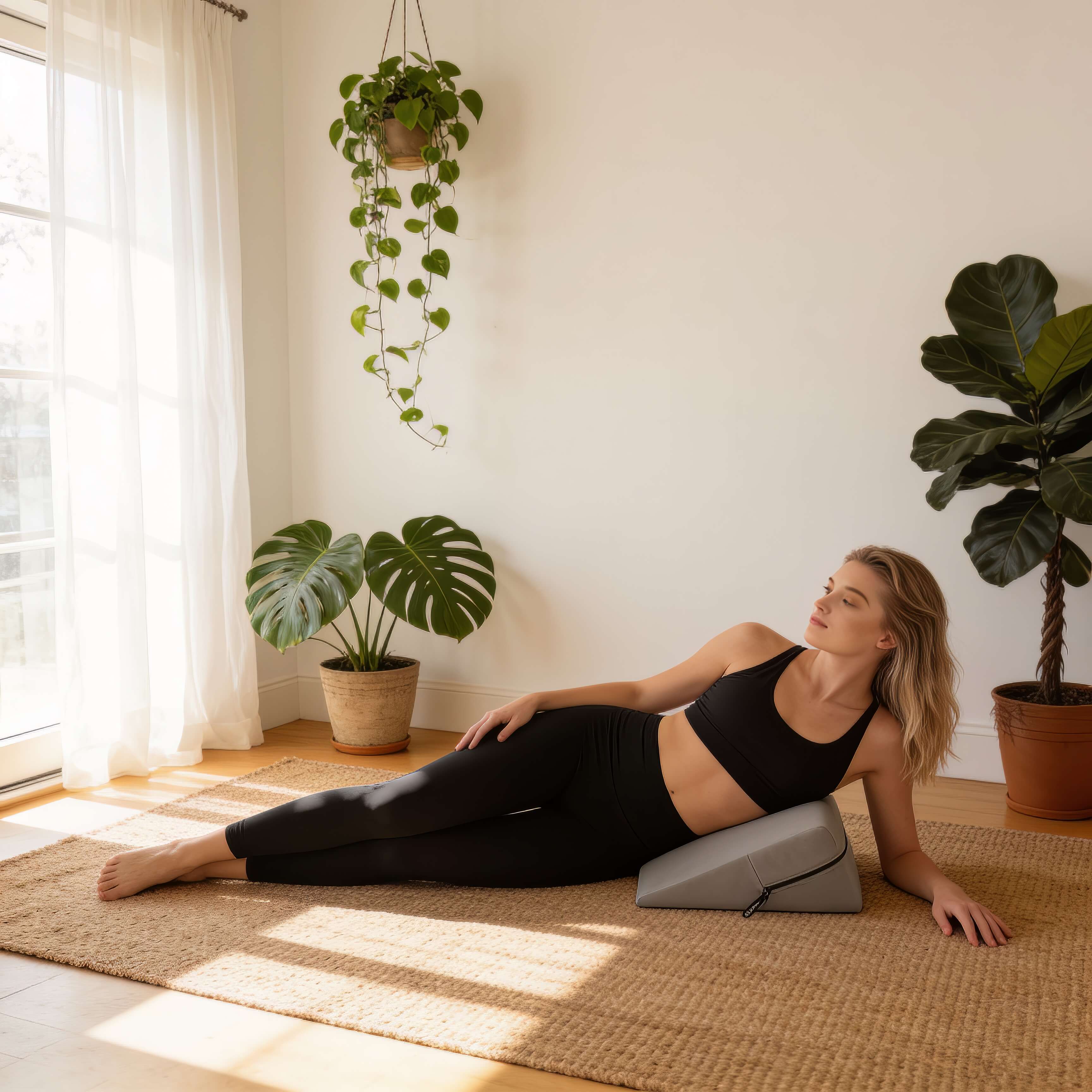 Yoga wedge used as an ergonomic support during practice