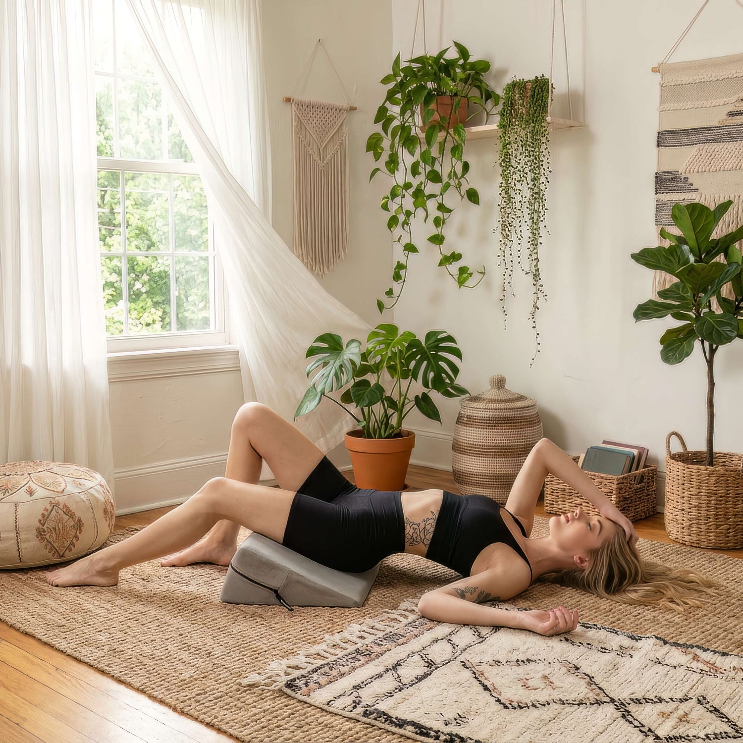 Person using an angled yoga wedge for support