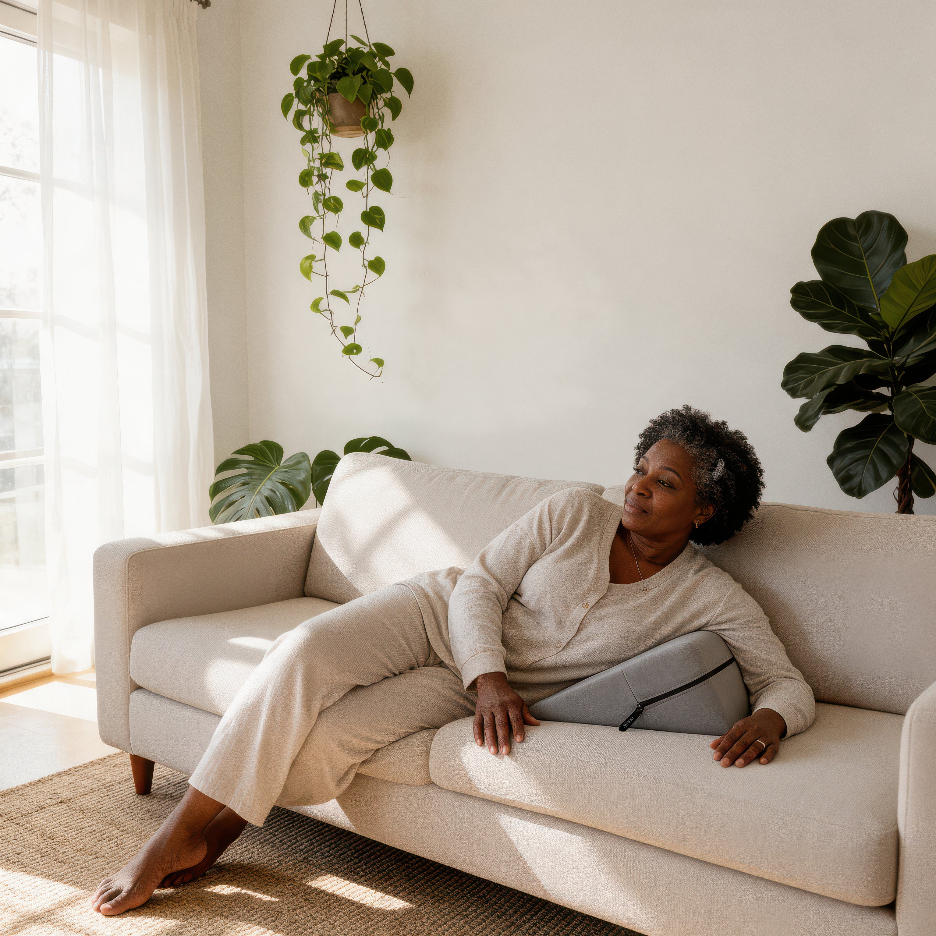 Woman relaxing on a sofa with the Align Wedge supporting her lower back