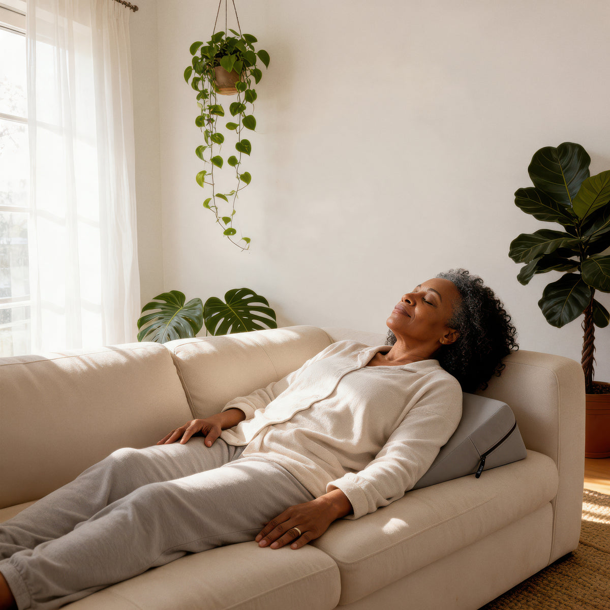 Woman resting with her eyes closed on a sofa, her upper back supported by the Align Wedge