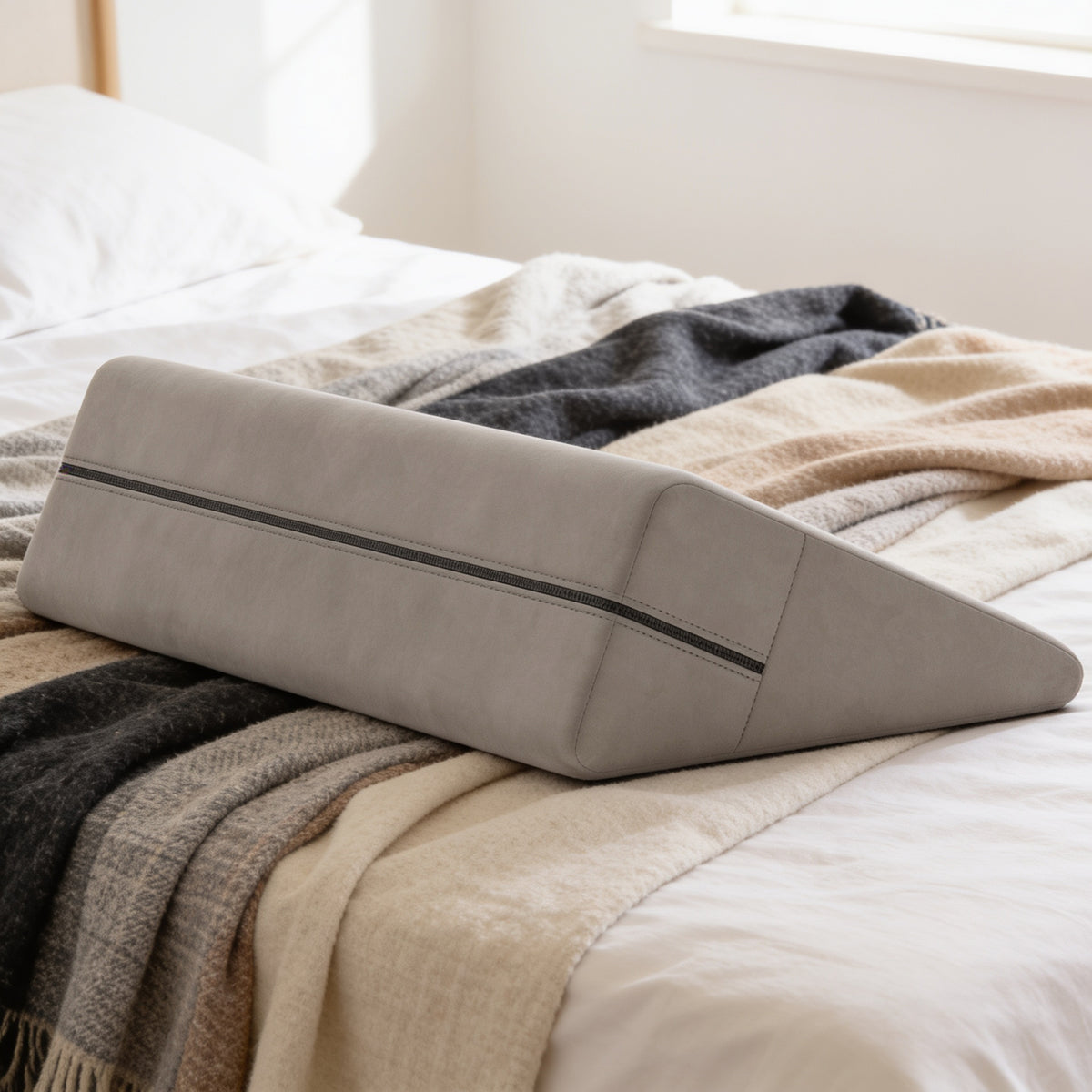 The Align Wedge resting on a made bed with folded throws