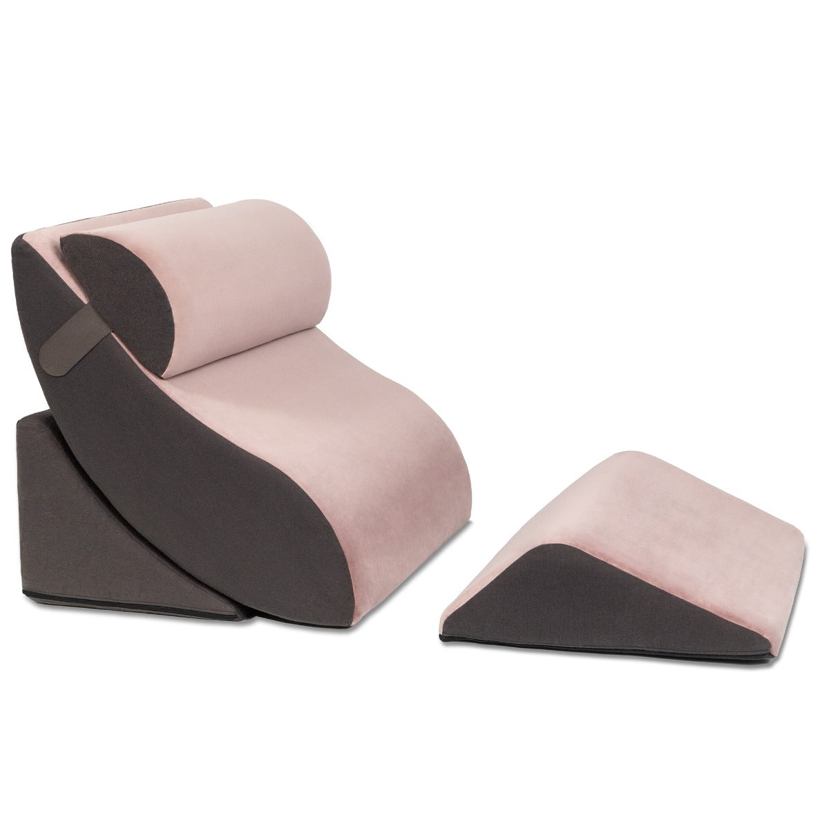 Pink wedge-shaped foam roller with black accents on a white background