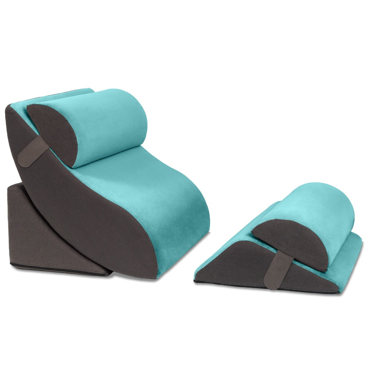Turquoise and black wedge-shaped foam rollers on a white background