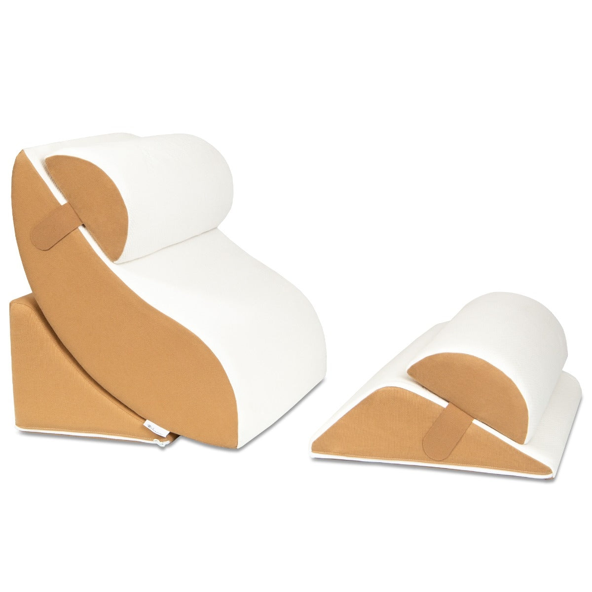 Two wedge-shaped pillows with brown and white color scheme on a white background