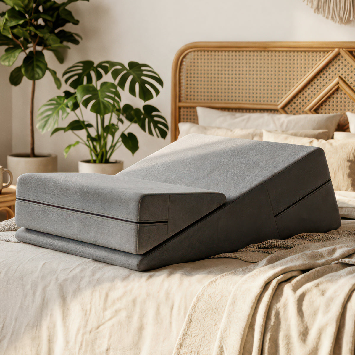The Align Wedge and Ramp set stacked together on a made bed in a plant-filled bedroom