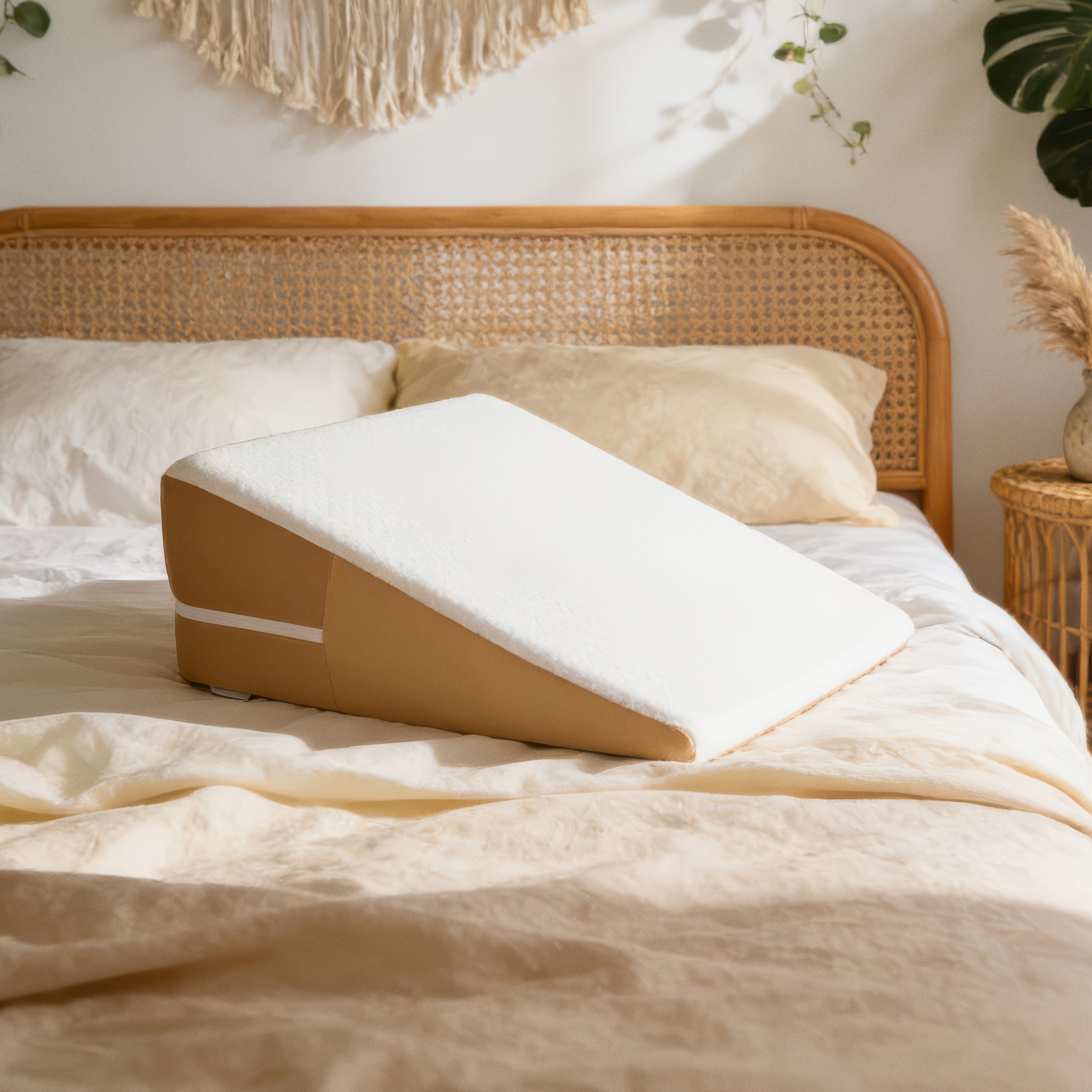Bliss bed wedge pillow on a bed in a styled bedroom