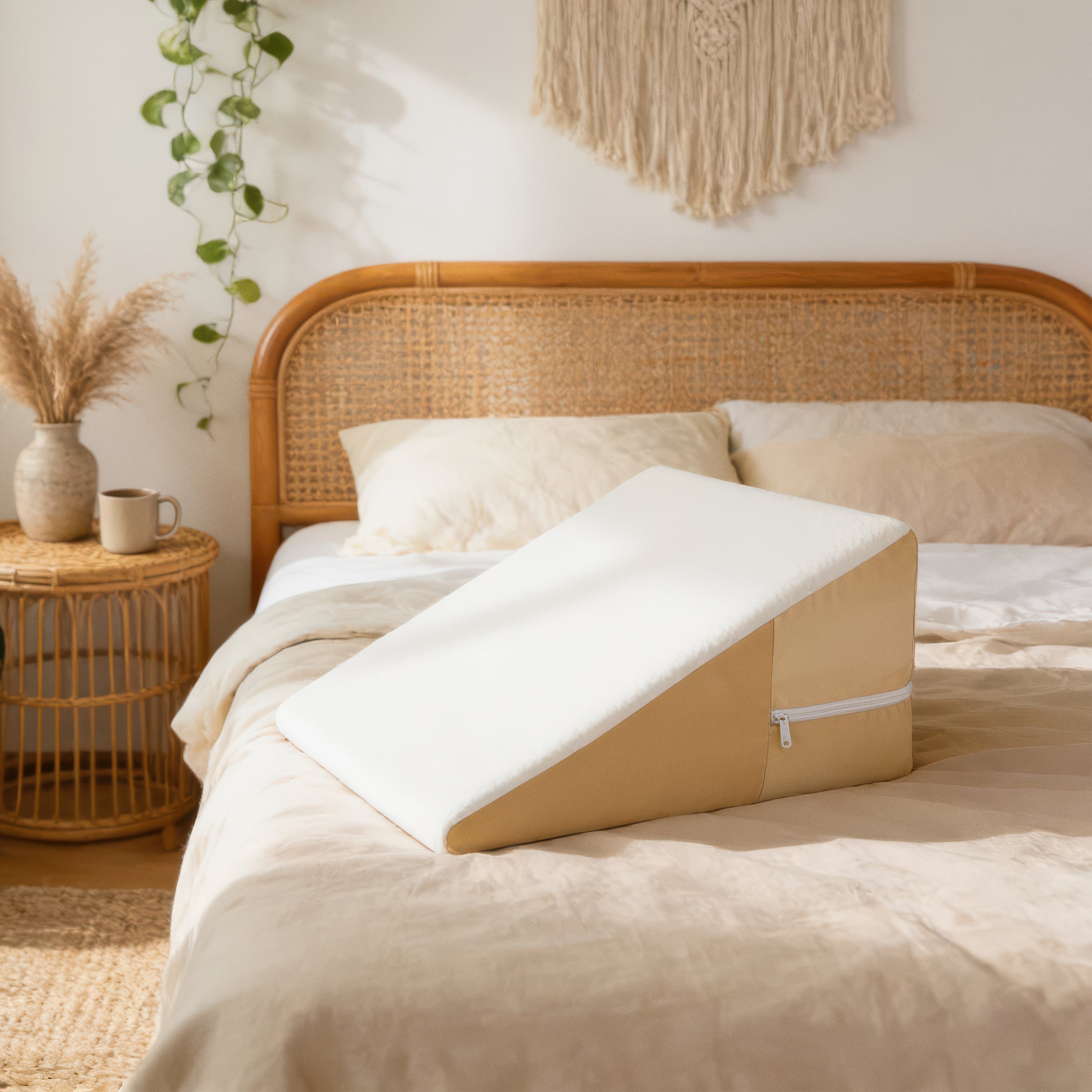 Bliss bed wedge pillow on a bed in a bright bedroom