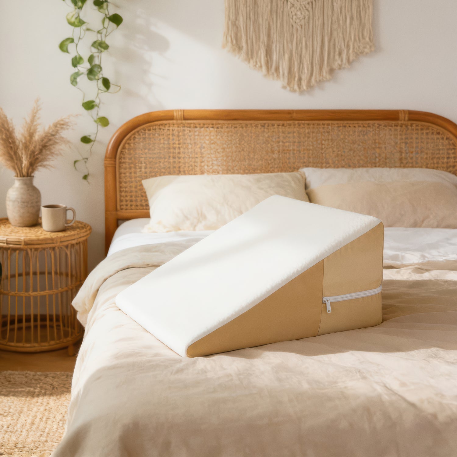 Bliss bed wedge pillow on a bed in a bright bedroom