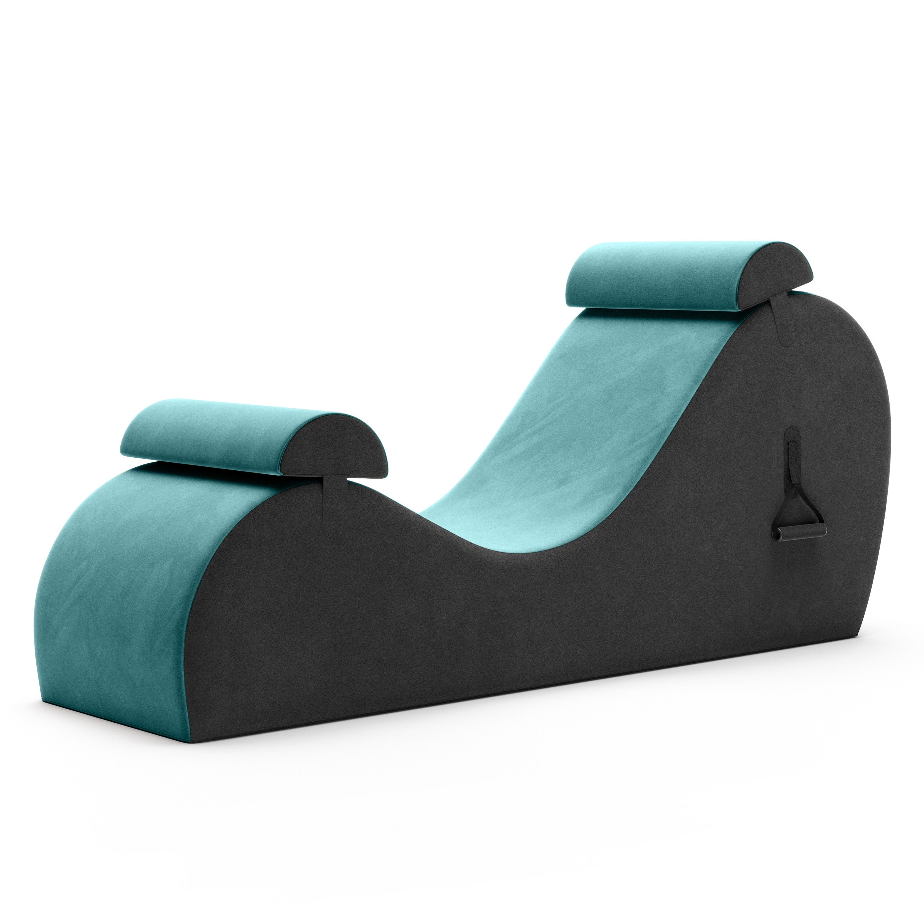 Modern lounge chair with teal and black design on a white background