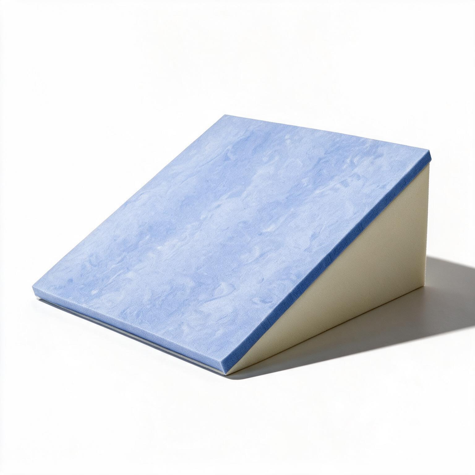 A wedge-shaped yoga support block with a light blue marbled top surface and a cream-colored side, shown on a white background with a soft shadow.