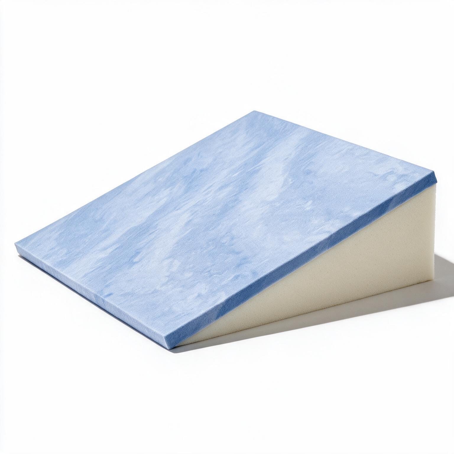 A wedge-shaped support cushion with a light blue marbled top surface and a cream-colored side panel, shown on a plain white background.