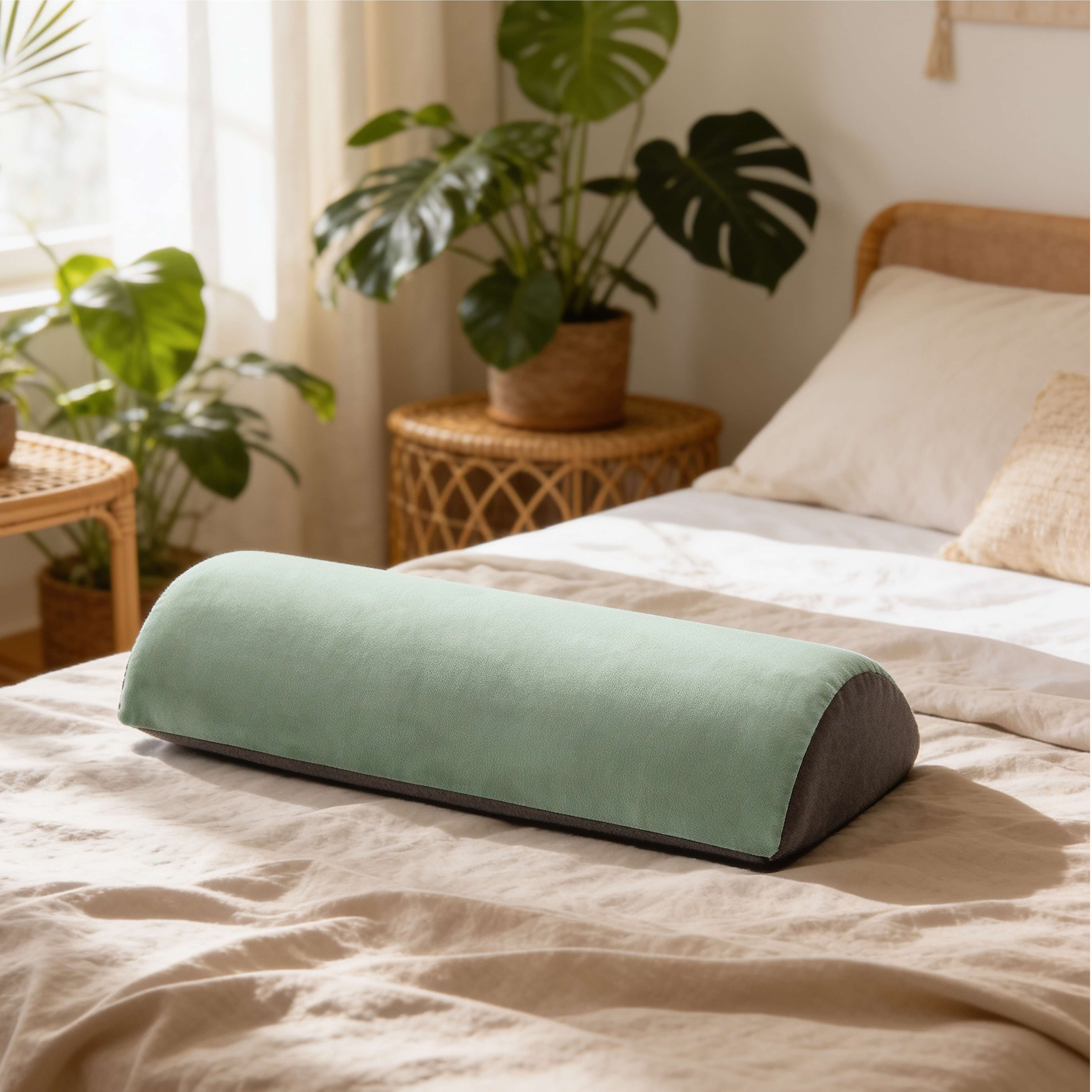 Person resting on a compact memory foam head rest cushion