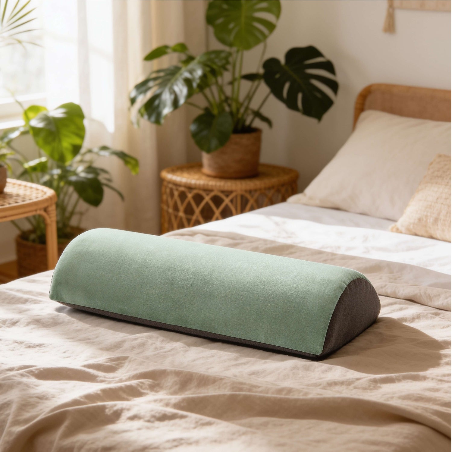 Person resting on a compact memory foam head rest cushion