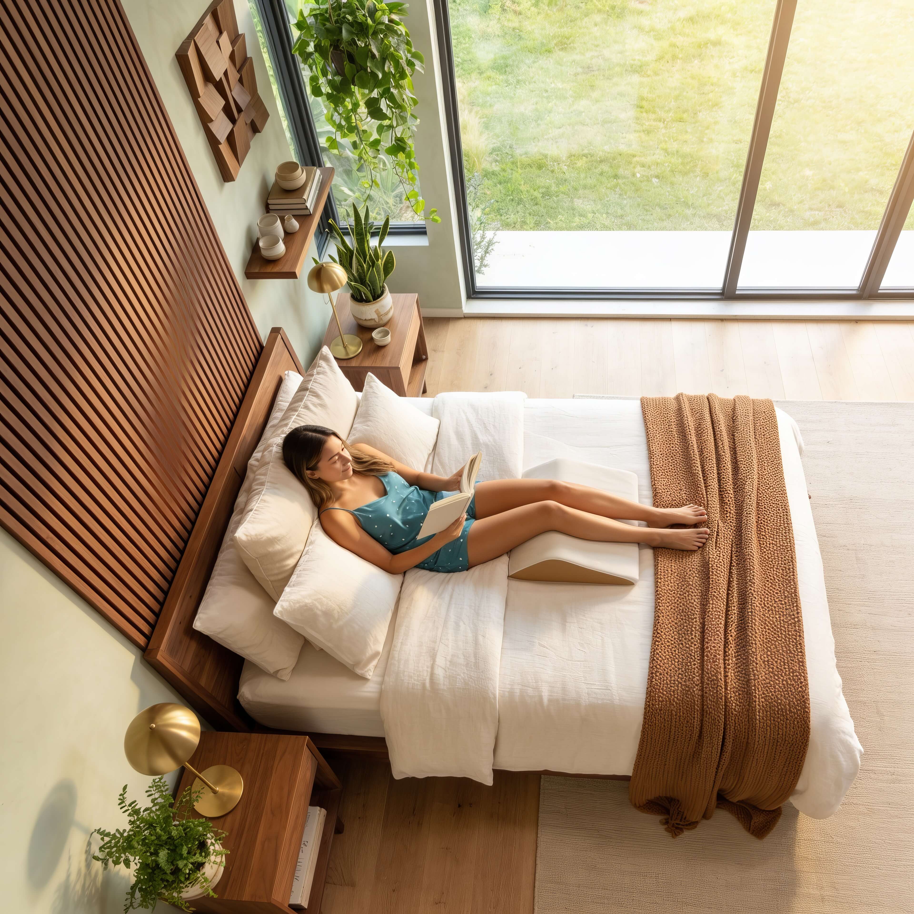 Person resting with a contoured knee rest cushion