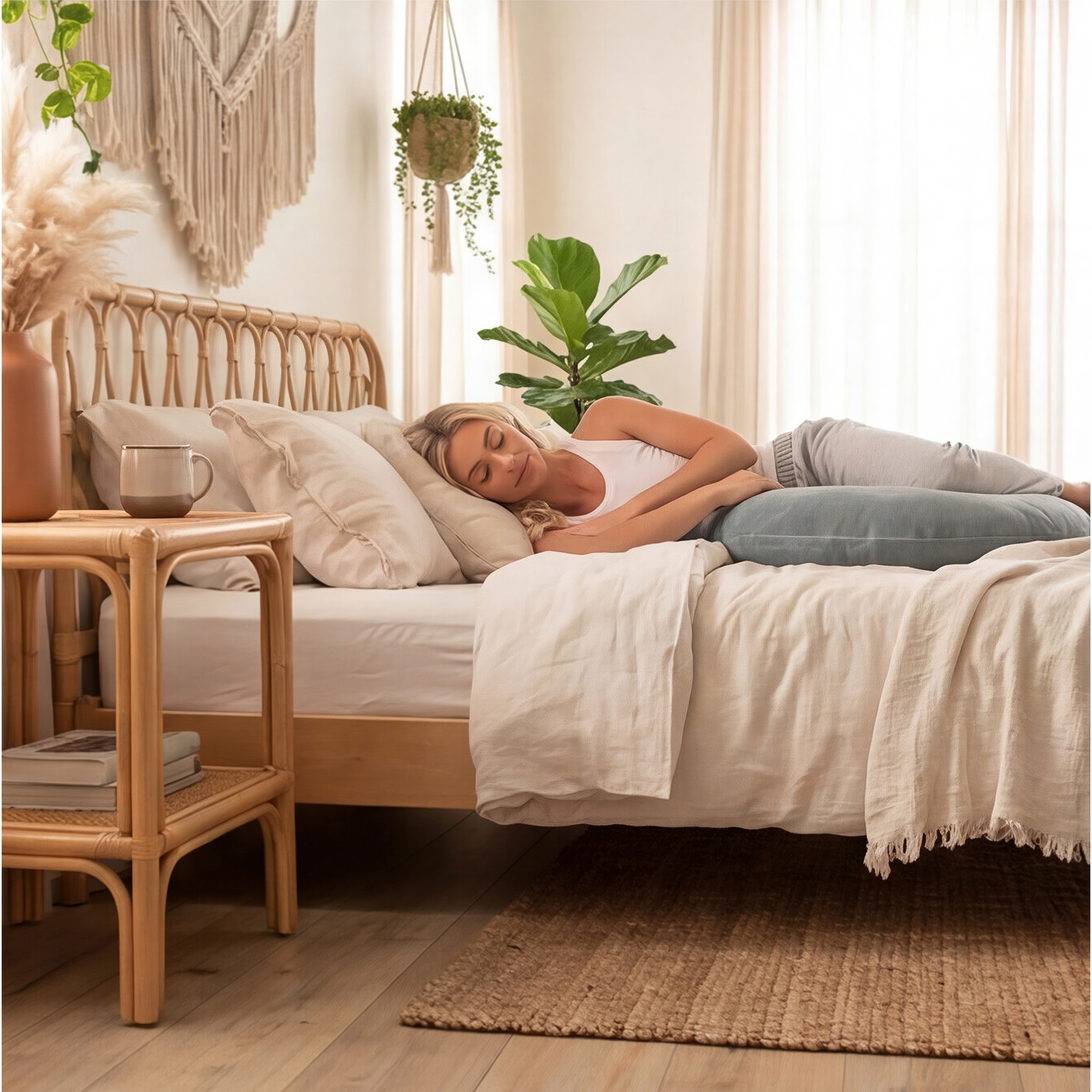 A woman lies on her side on a bed with neutral-toned bedding, pillows, and a wooden headboard in a softly lit bedroom. A woven side table, plants, and macrame decor are visible around the bed.