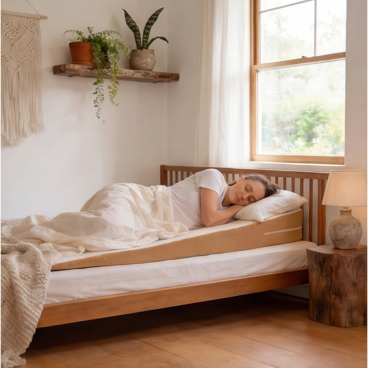 Inclined mattress topper layered on a bed in a bedroom
