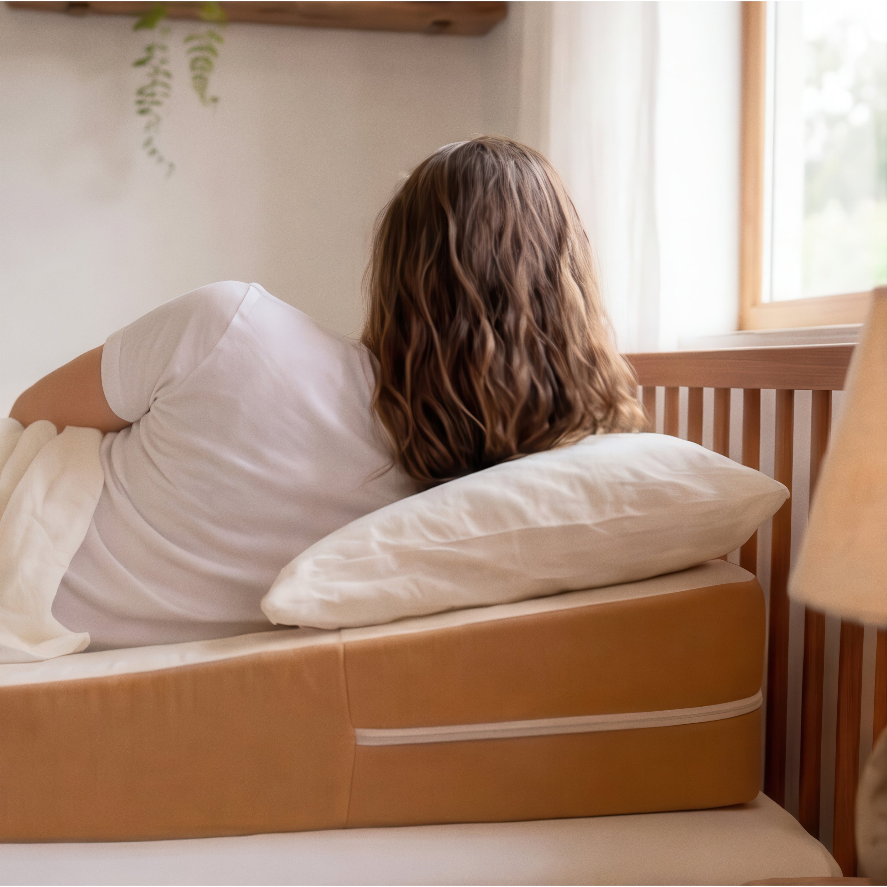 Inclined mattress topper shown on a made bed