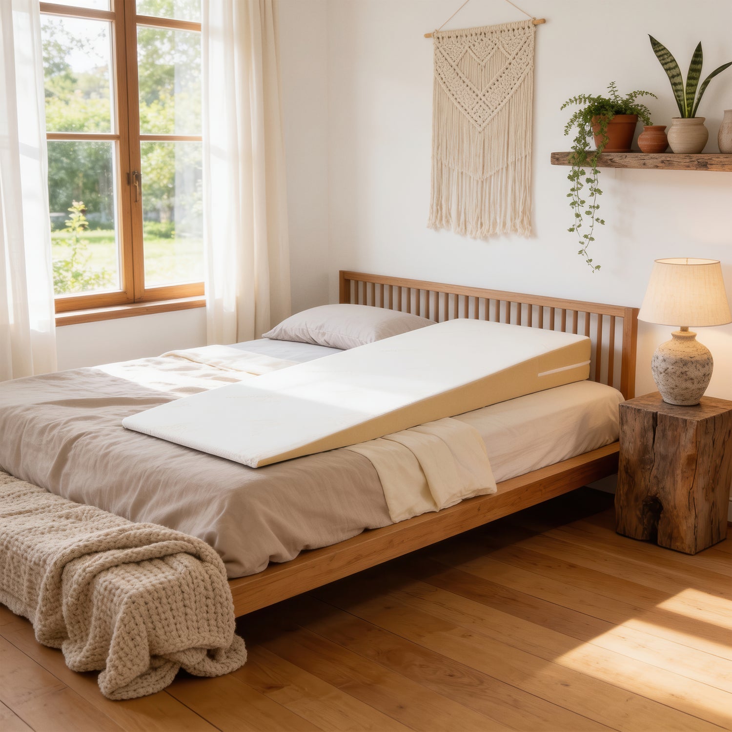 Inclined mattress topper on a bed in a bright bedroom