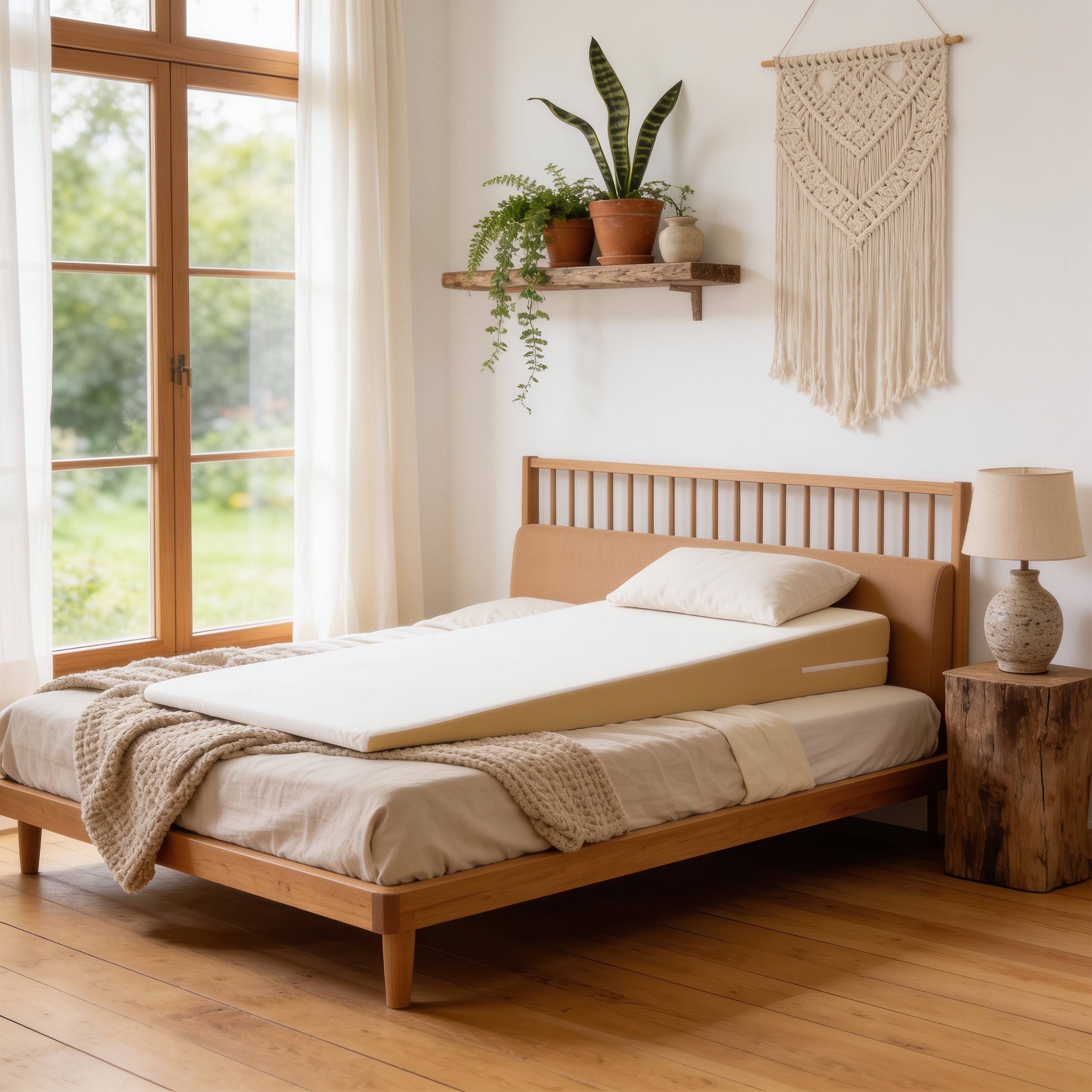 Inclined mattress topper on a bed in a styled bedroom