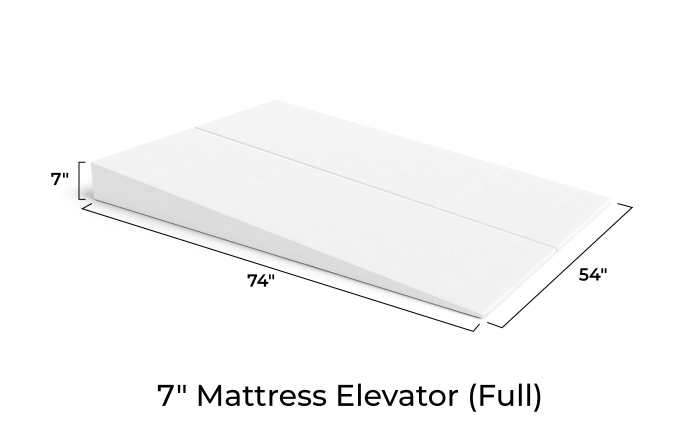 Measurement chart of a 7-inch mattress elevator for full size mattress on a white background