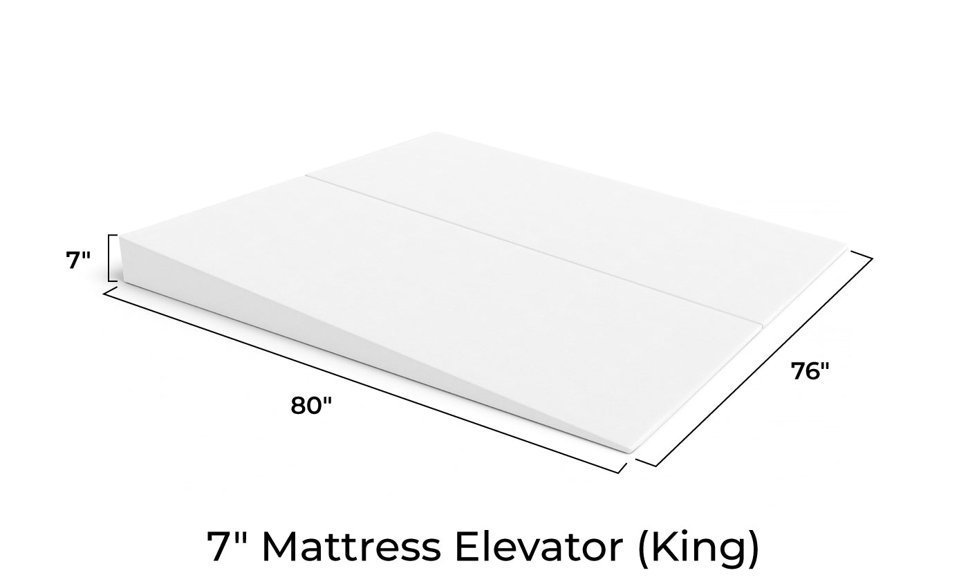 Measurement chart of a 7-inch King mattress elevator on a white background