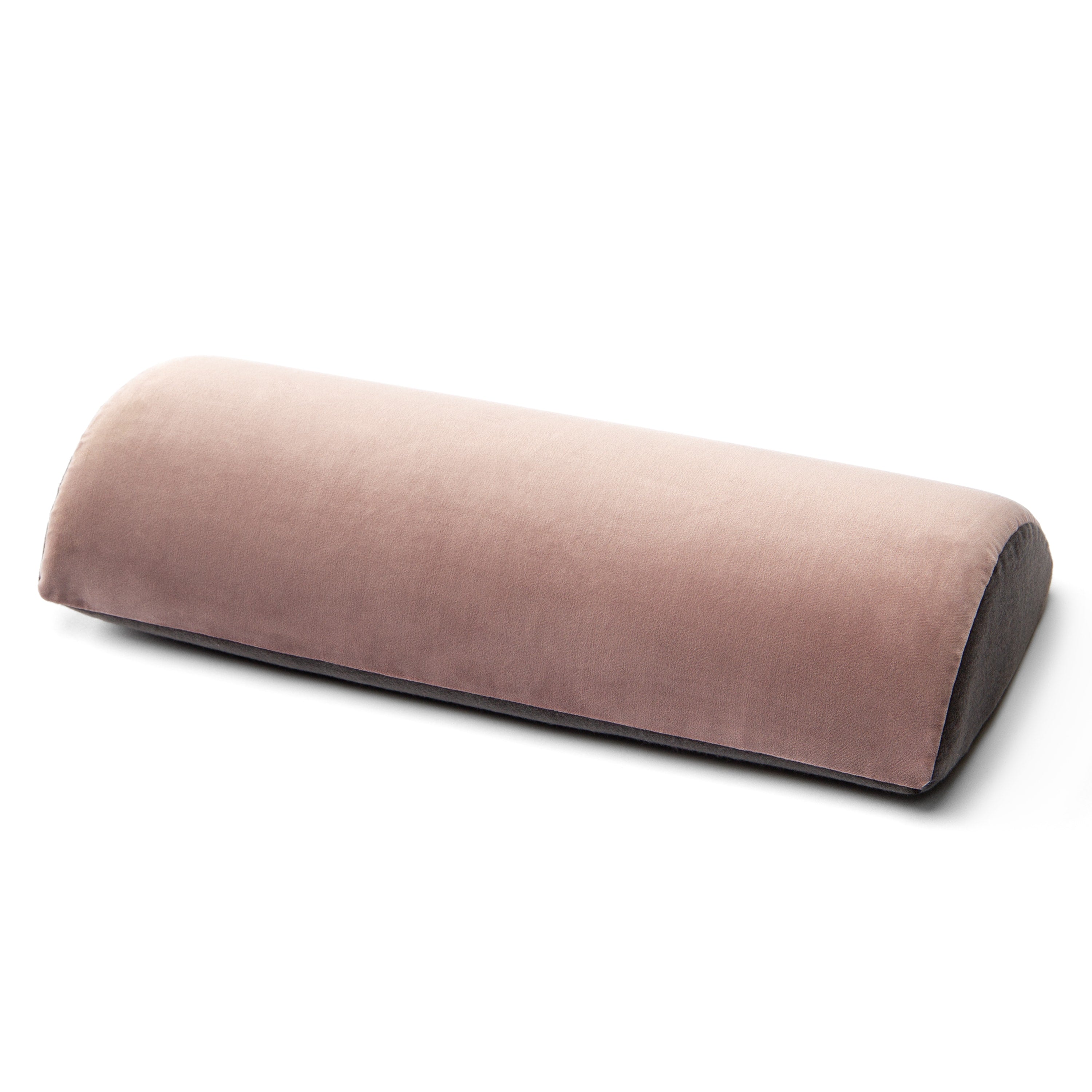 A dusty pink velvet lumbar support pillow with a dark charcoal gray underside, shown on a clean white background.
