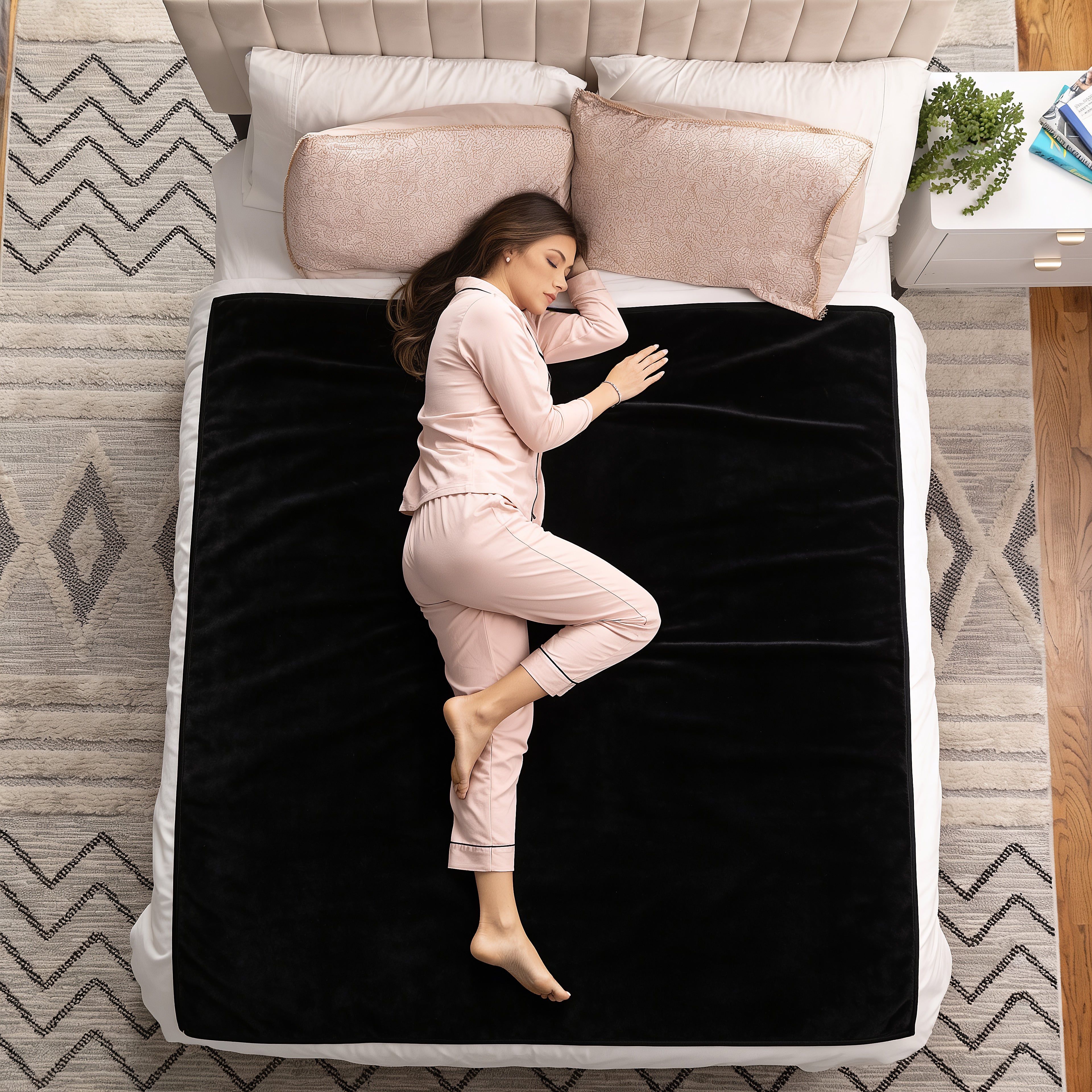 A woman in light pink pajamas lies on her side on a bed with a black plush blanket or throw over white bedding. The scene is photographed from above in a styled bedroom setting with pillows, a patterned rug, and a bedside table.