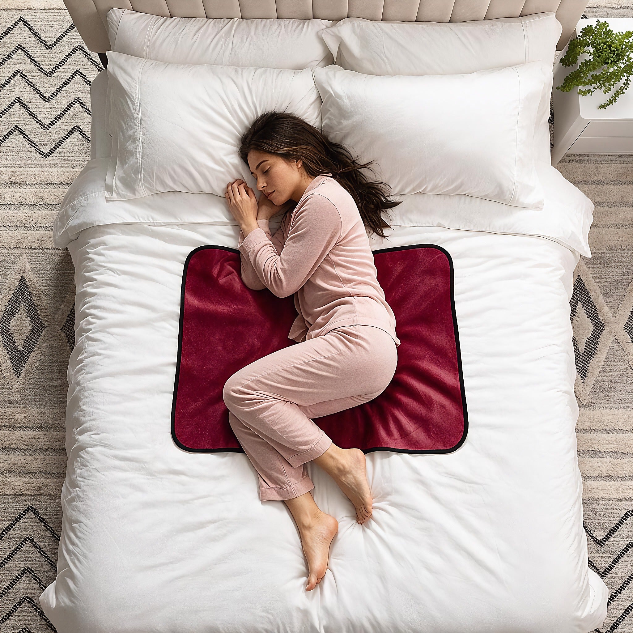 A woman in light pink pajamas sleeps curled up on a white bed, resting on a deep burgundy plush blanket with a black border. The scene is shot from a top-down perspective, showing a patterned rug and a bedside plant.