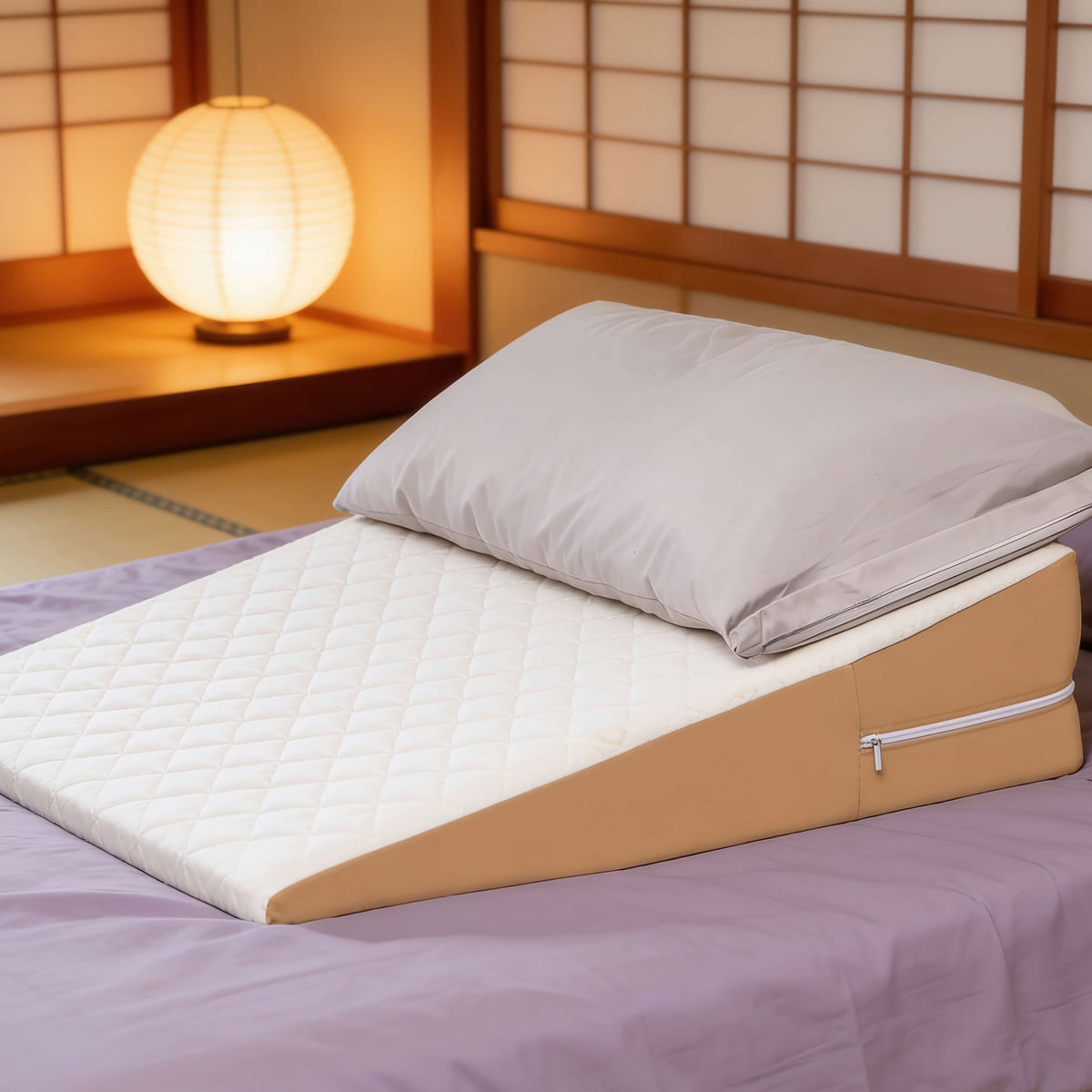 Relax bed wedge pillow on a bed in a bright bedroom