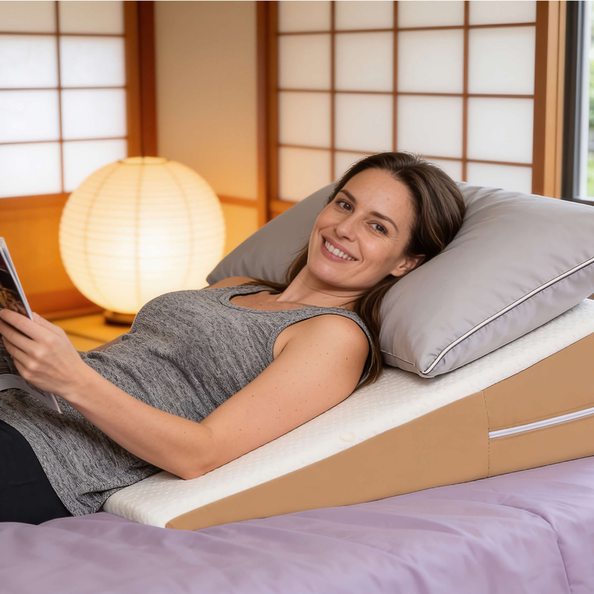 Relax bed wedge pillow positioned on a bed