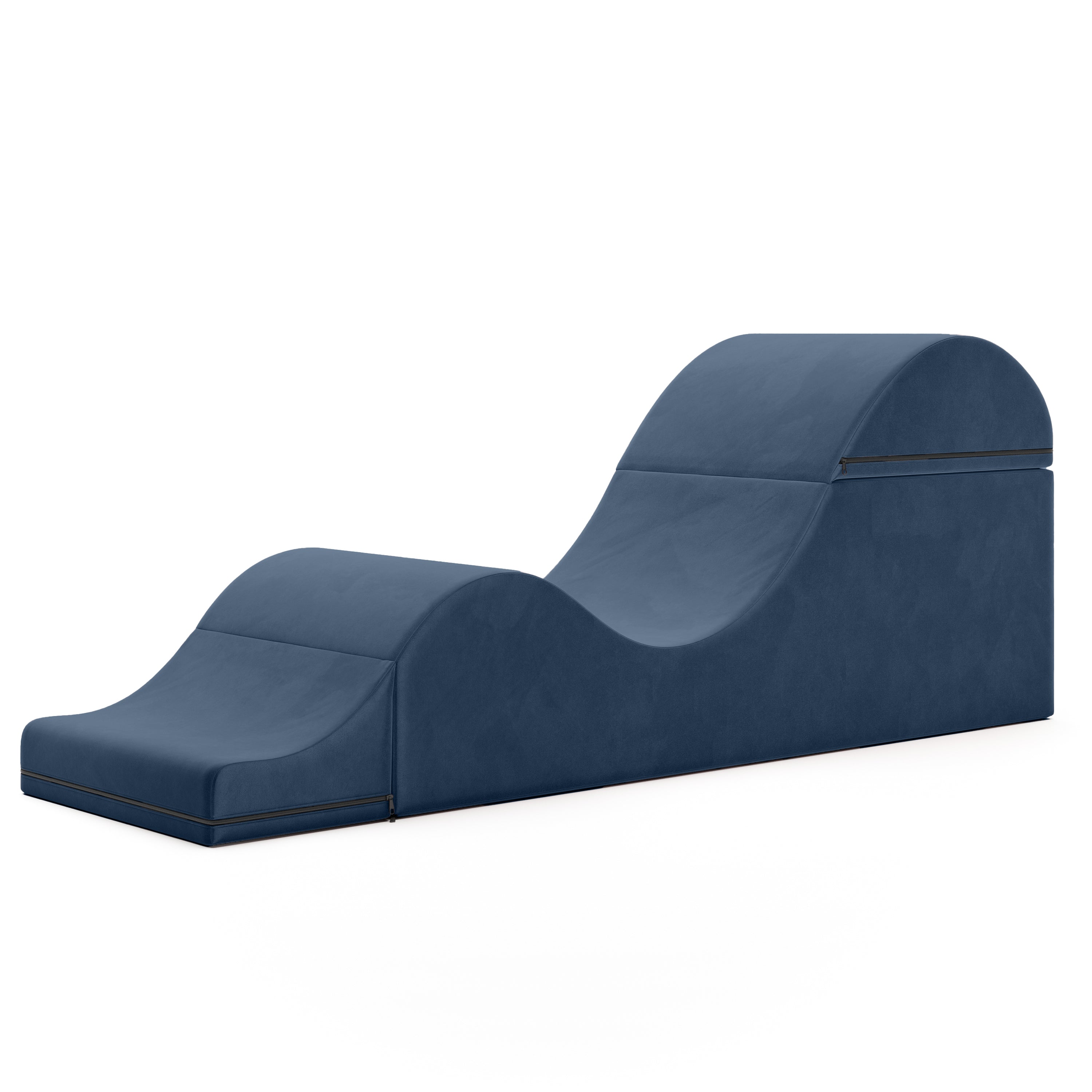 A navy blue padded wedge chair with a curved, wavy silhouette and segmented backrest, shown on a plain white background.