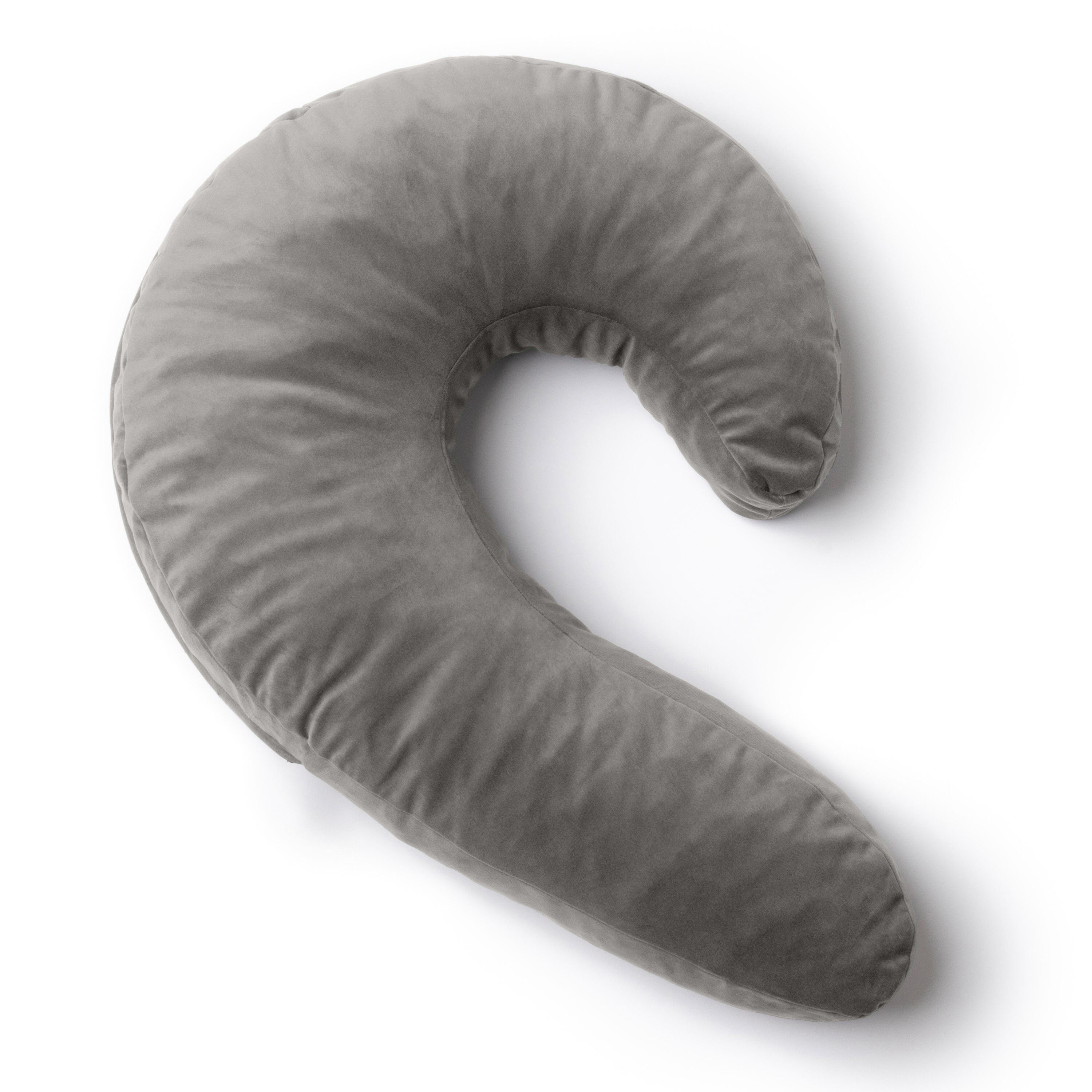 Gray crescent-shaped pillow on a white background